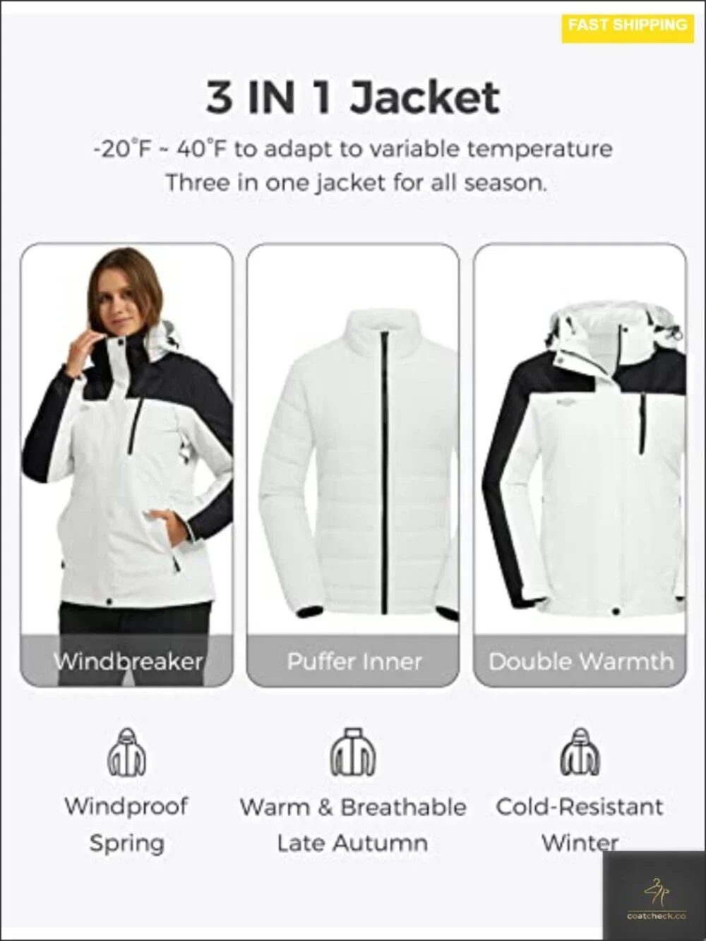 Women's 3-in-1 Ski Jacket Cotton Padded Liner Winter Coat